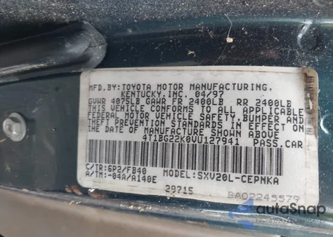 1997 Toyota Camry Ce/Le/Xle z USA, uszkodzony, nr VIN 4T1BG22K0VU127941